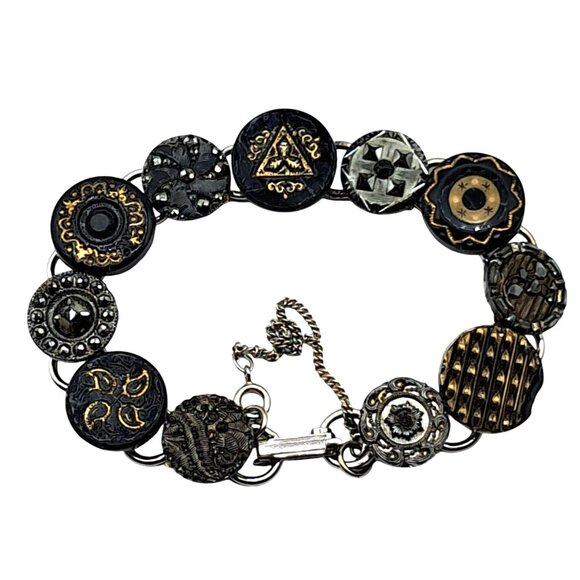 Antique Glass Button Bracelet With Black & Gold Tone Accents On Silver Tone Chai - Picture 7 of 8